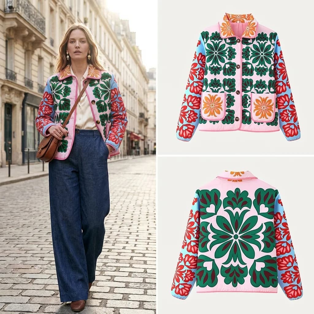 Autumn 2025 Women's Casual Fashion Warm Printing Outerwear Long Sleeve Straight Cut Commute Style Single Button Cotton Jacket