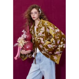 ELFSACK Chinese Velvet Jacket with Floral & Goldfish Embroidery, Royal Elegant Loose Coat , V-Neck Vintage Outerwear