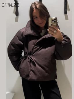 Casual Women's Brown Lace Up Cotton Coat Stand Collar Long Sleeve Pocket Thick Jackets 2025 Autumn Winter Lady Warm Outerwear