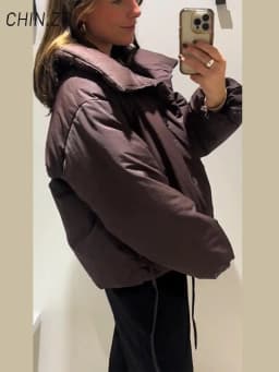 Casual Women's Brown Lace Up Cotton Coat Stand Collar Long Sleeve Pocket Thick Jackets 2025 Autumn Winter Lady Warm Outerwear