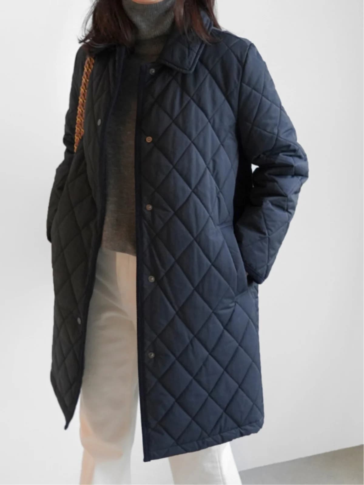 Retro Diamond Pattern Cotton Shirt Women's Mid-Length Warmth Outerwear Long Sleeve Collar Button Detail Black Coat