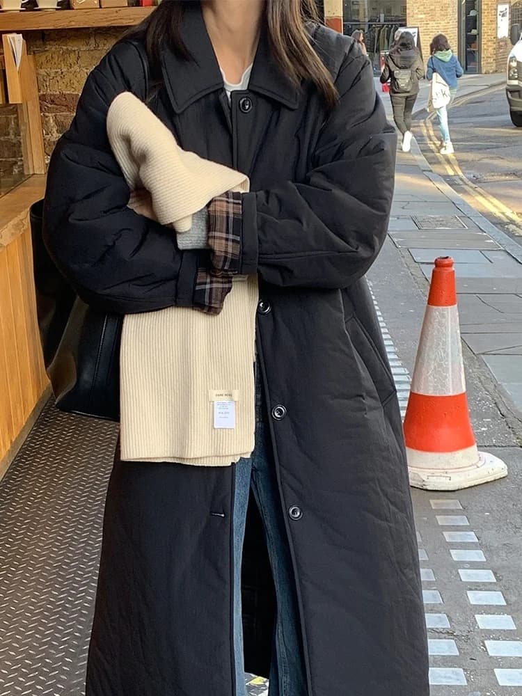 Elegant Long Cotton Jacket Women's Loose Knee-Length Plaid Coat Winter Warm Stylish Korean Version Oversize Outerwear