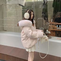 Pink Fur Collar Hooded Short down Jacket Women's Winter Thick Warm Outerwear Korean Style Loose Fit Cotton Padded Coat
