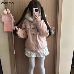 Japanese Kawaii Lolita Style Parkas Women Sweet Cartoon Cat Embroidery Casual Hooded Coat Girls Y2k Aesthetic Warm Plush Jacket