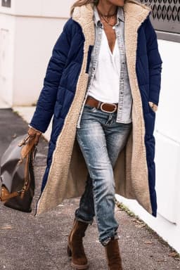 Europe and America Autumn and Winter New Fashion Leisure Long Cotton Jacket, Women Solid Color Fleecing Hooded Padded Jacket