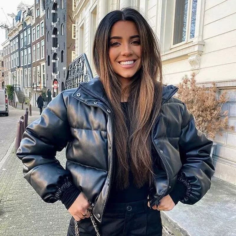 Korean Stand Collar Cropped Jacket Winter Coat Women's Clothing Trend Puffer Jackets Warm Streetwear Knit Patchwork Long Sleeve