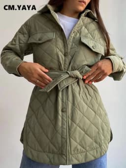 CM.YAYA Vintage Women Argyle Long Sleeve Single Breasted Lapel Collar Slim Parkas Jacket 2022 Autumn Winter Warm Trench Outwear