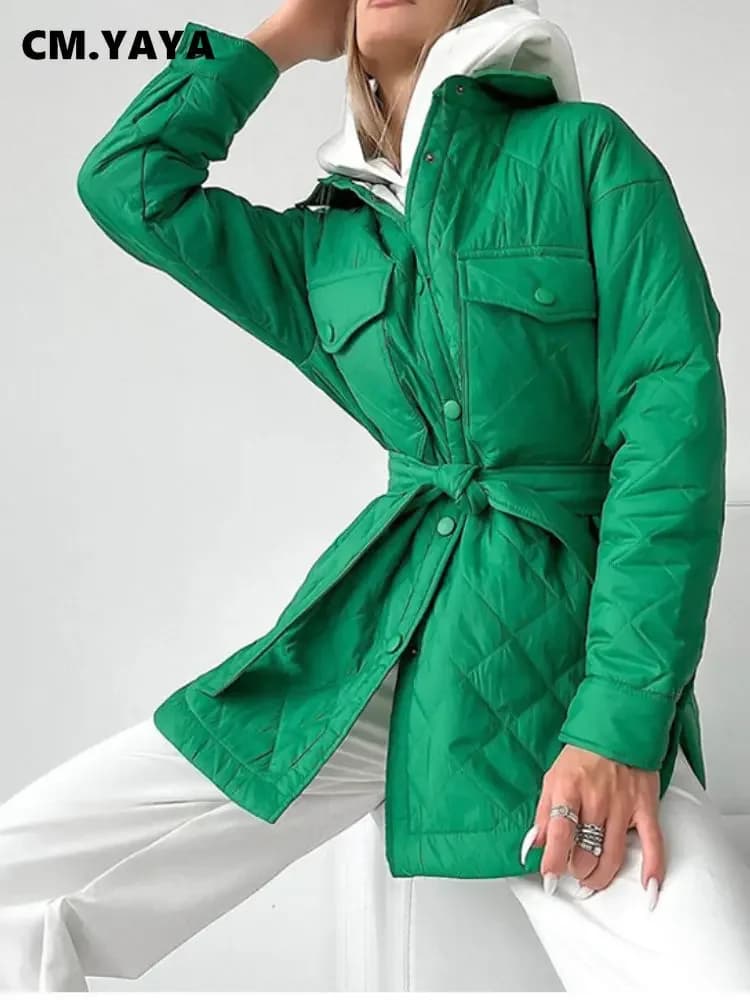 CM.YAYA Vintage Women Argyle Long Sleeve Single Breasted Lapel Collar Slim Parkas Jacket 2022 Autumn Winter Warm Trench Outwear