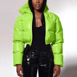 Ultra-Short Glossy Wet-Look Quilted Coats Streetwear Puffy Zip Up Stand Collar Padded Jackets Women's Hooded Bomber Jackets