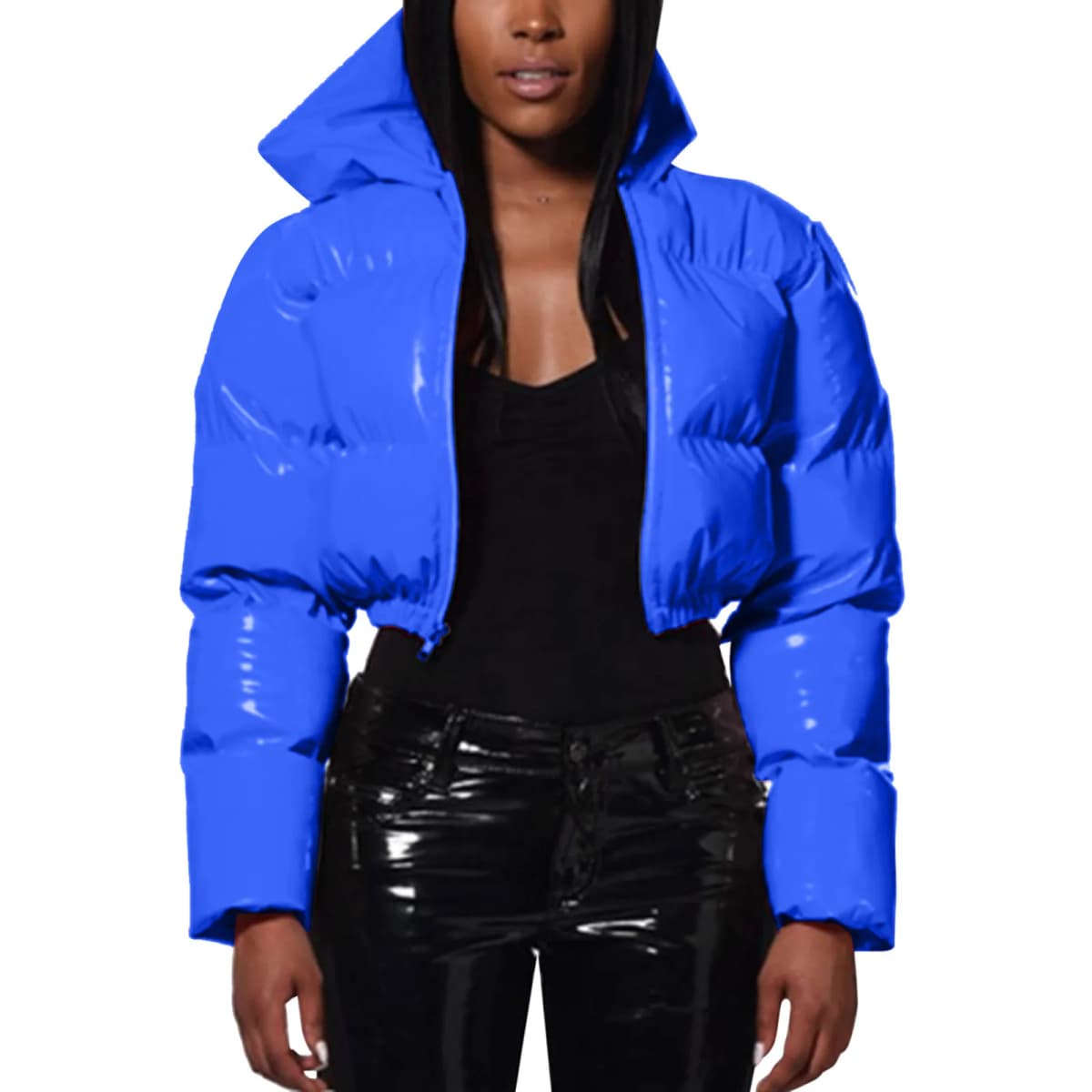 Ultra-Short Glossy Wet-Look Quilted Coats Streetwear Puffy Zip Up Stand Collar Padded Jackets Women's Hooded Bomber Jackets
