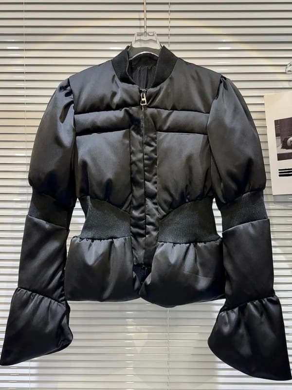 Elegant Dark Splice Women's Cotton Jacket Slimming Waist Design Warm Outerwear Long Sleeve Zipper Closure Stand Collar Coat