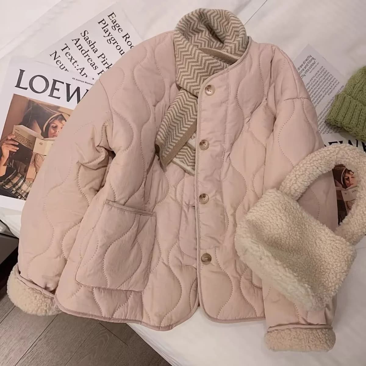 Pink Diamond Pattern Lamb Fur Cotton Jacket Women's Autumn Winter Thickened Warm Cotton Padded Fleece Lined Outerwear