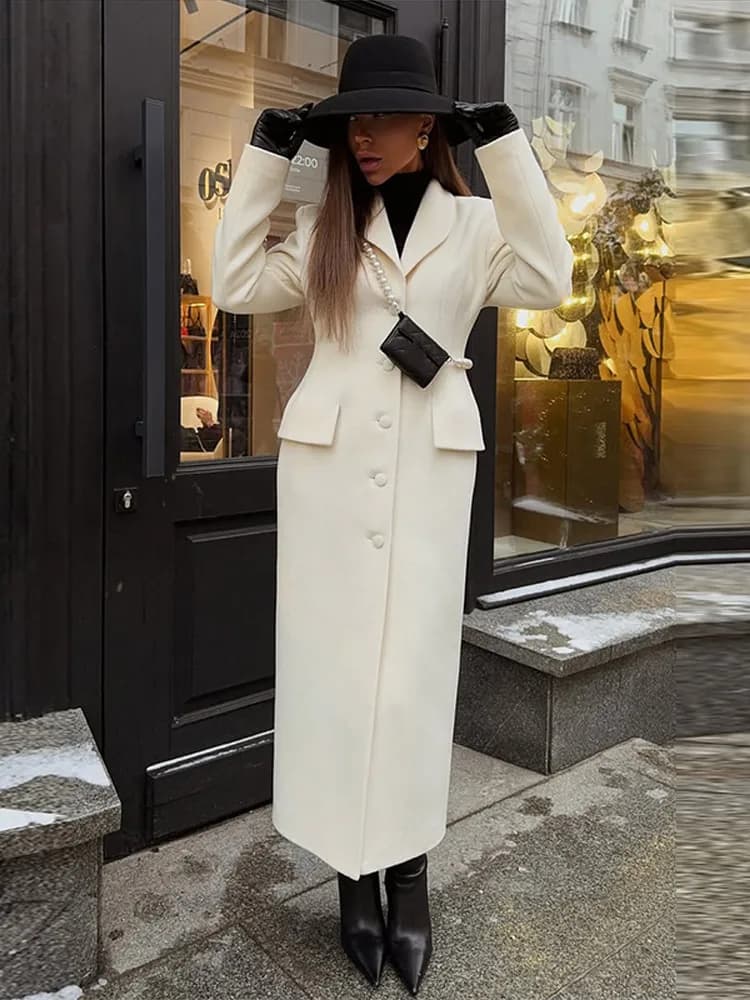 Elegant Hidden Button V-neck Long Coat Women Vintage Classic Waist-cinching Black Tweed Coats Lady Winter Chic Street Overcoats