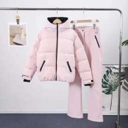 Thicken Warm Women's Skiwear Pink High Collar Hooded Cotton Padded Coat Straight Leg Zipper Pant 2025 New Winter Lady Ski Suit