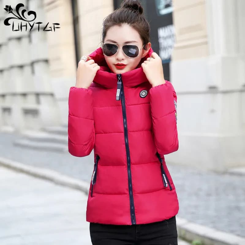 UHYTGF Winter Jackets For Women 2025 New Parkas Hooded Thick Warm Cotton Short Jacket Women's Basic Down Coat Outerwear 5XL 1058