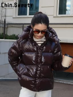 Fashion Shiny Solid Hooded Quilted Jacket Women Stand Collar Long Sleeve Zipper Pocket Street Warm Coat 2026 Winter Lady Outwear