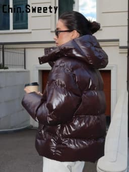 Fashion Shiny Solid Hooded Quilted Jacket Women Stand Collar Long Sleeve Zipper Pocket Street Warm Coat 2026 Winter Lady Outwear