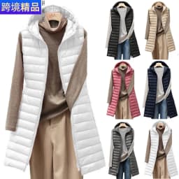 Ladies Medium and Long Style Pure Color Hooded Light down Cotton Vest Jacket Autumn and Winter Slim Sleeveless Women Parkas Vest