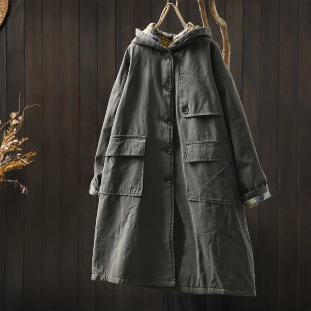 Johnature Women Vintage Hooded Button Parkas Plus Cotton Winter Coats Solid Color Patchwork Pockets 2025 New Warm Long Parkas