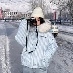 New Stripe Fur Collar Hooded Down Cotton Coat Women Winter Sweet Kawaii Short Parkas for Woman Fashion Warm Cotton-Padded Jcaket