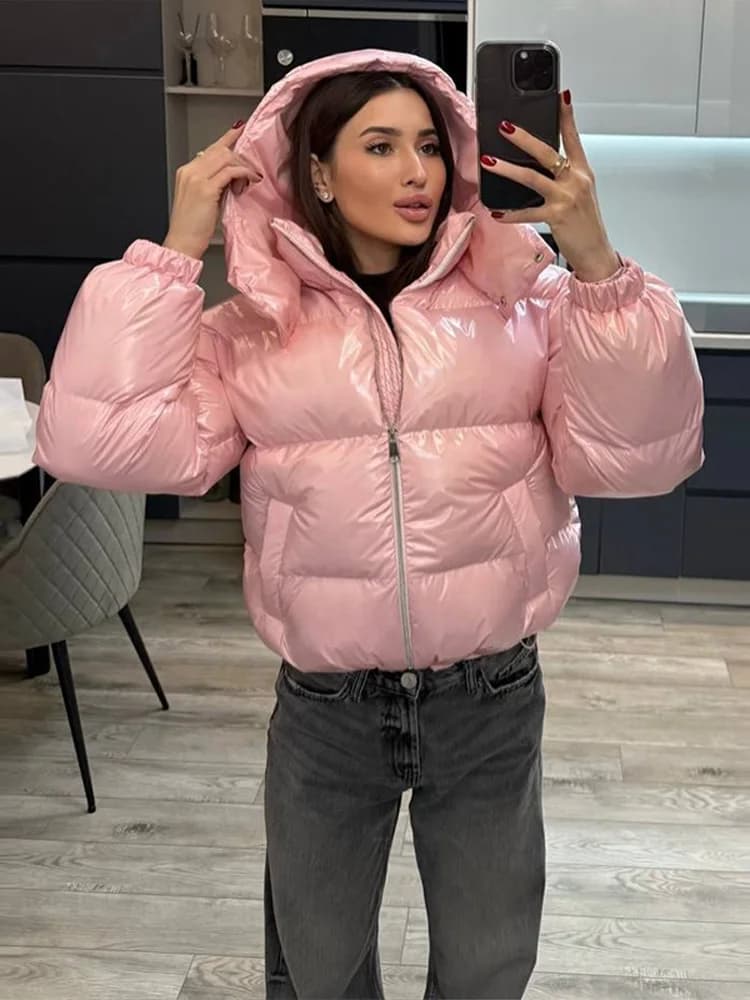 Glossy Cropped Hooded Puffer Coat Drawstring Hem Zip-Up 2026 Winter Women Warm Padded Jacket Warm Causal Lady Cotton‑Padded Coat