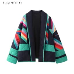 Women Casual Parka Fall-Winter 2024 Fashion Geometric Print Spliced Jacket Vintage Lapel Kimono Cardigan Elegant Thermal Tops