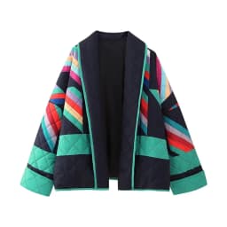 Women Casual Parka Fall-Winter 2024 Fashion Geometric Print Spliced Jacket Vintage Lapel Kimono Cardigan Elegant Thermal Tops