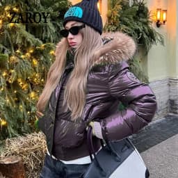 Russian Winter Warm Faux Fur Hooded Quilted Puffer Jacket Women Y2K Retro Padded Short Coat Casual Parka Glossy Outerwear куртка