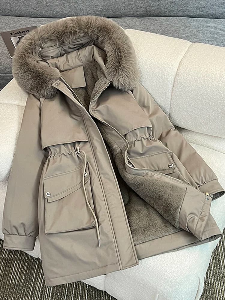 Women's Mid-Length Cotton Jacket Winter Thick Warm Fleece-Lined Waist-Cinching Fashionable Trendy Zipper Pocket