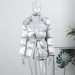 Warm Glossy Hooded Lace-up Cotton Coats 2026 Winter New Female Casual Zipper Bottons Belted Overcoat Women's Solid Streetwear