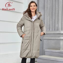 HaiLuoZi 2023 Women Winter Coat Long Thick Parkas Zip Up Warm Female Outwear Slant Pocket Drawstring Hem Women's Jackets 1107