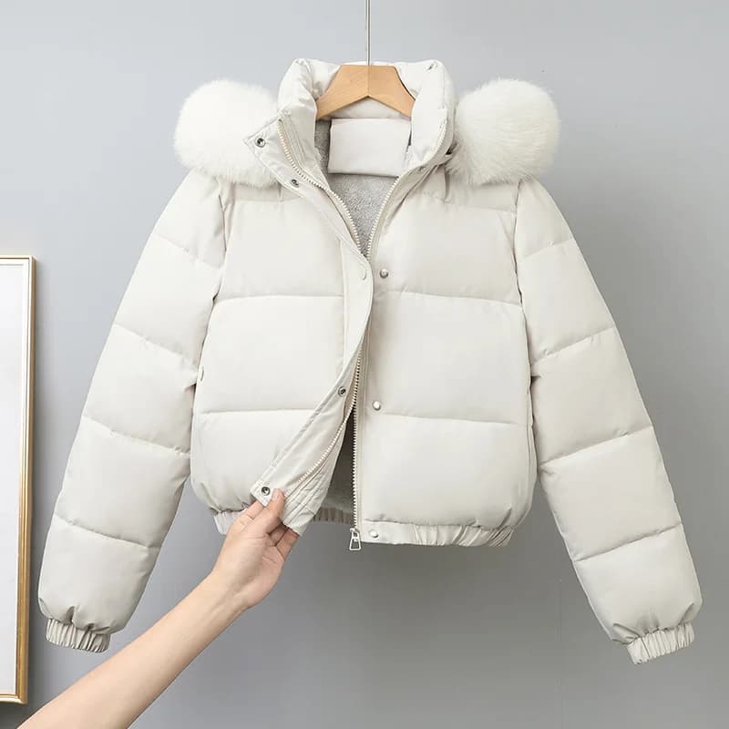 2025 Fashion Winter Short Parkas Women's Cotton-padded Clothes Add Velvet Thicken Fur Collar Removable Hooded Coats Warm Jackets