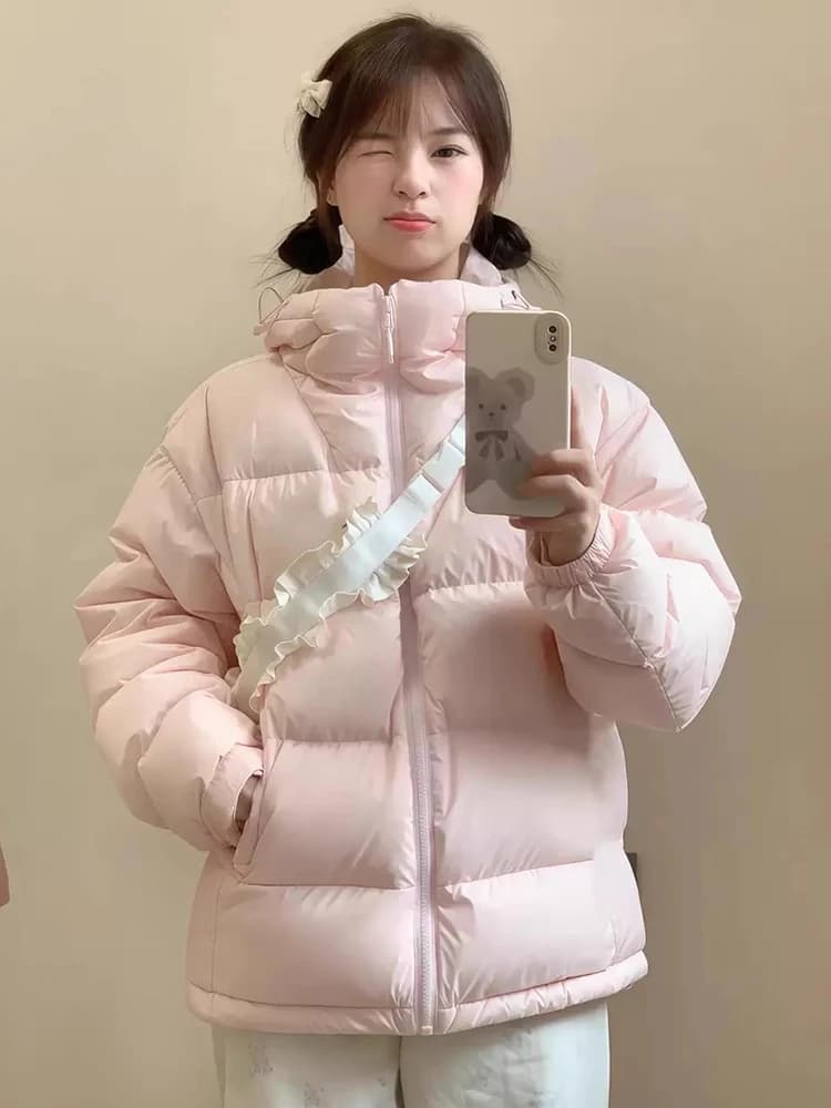 Zoki Winter Cute Pink Puffy Parkas Women Warm Thick Long Sleeve Sweet Cotton Coat Casual Stand Collar Preppy Style Korean Jacket