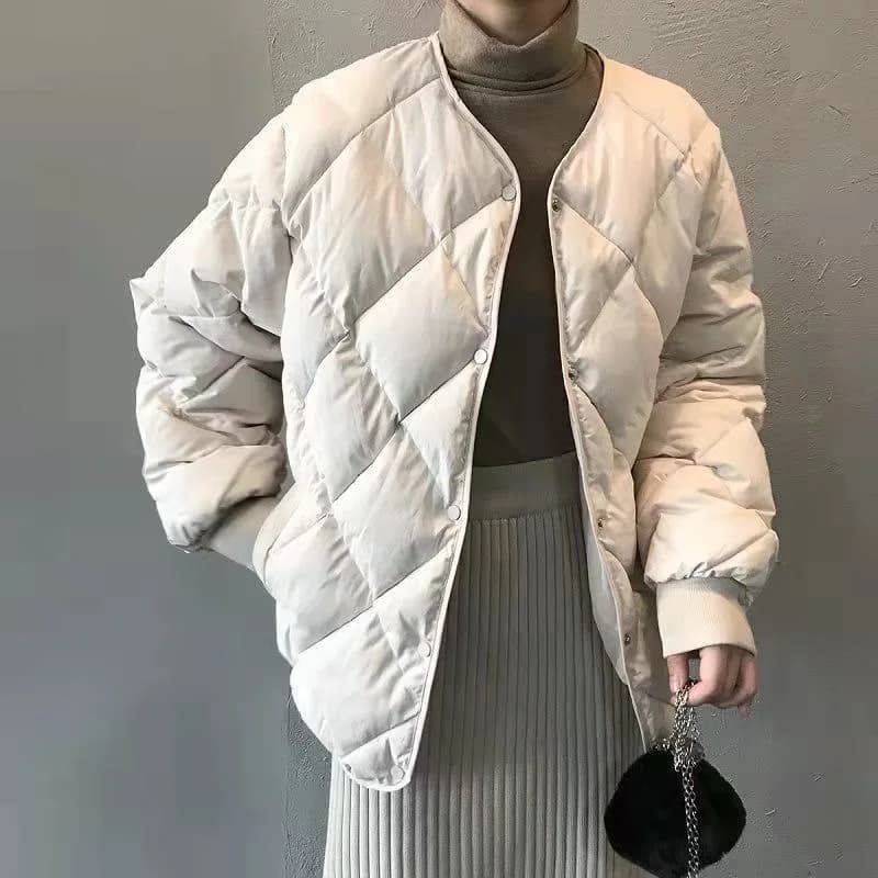 Korean Style Short Padded Cotton Jacket Women's Loose Diamond Grid down Cotton Coat Thick Outerwear Spring Autumn Winter