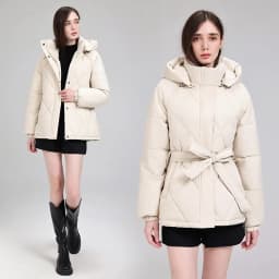Warm Quilted Puffer Coat Women Hooded Belted Waist Elastic Cuff Zip Closure Autumn Winter Cotton Jackets Chic New Outerwear