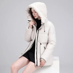 Hooded Mid Length Puffer Coat Women Drawstring Waist Zip Snap Closure Zipper Pockets Loose Fit Winter Parkas Outerwear Trendy