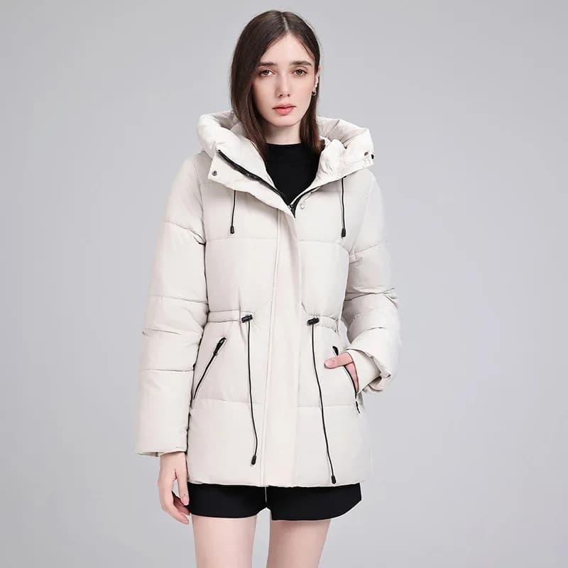 Hooded Mid Length Puffer Coat Women Drawstring Waist Zip Snap Closure Zipper Pockets Loose Fit Winter Parkas Outerwear Trendy