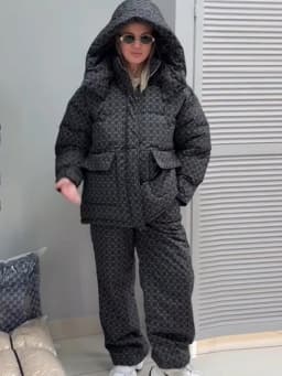 Fashion Print Hooded Puffer Coat Set Women Quilted High Neck Full Sleeve Zip Pockets Jacket Wide Leg Pants 2026 Winter Warm Sets