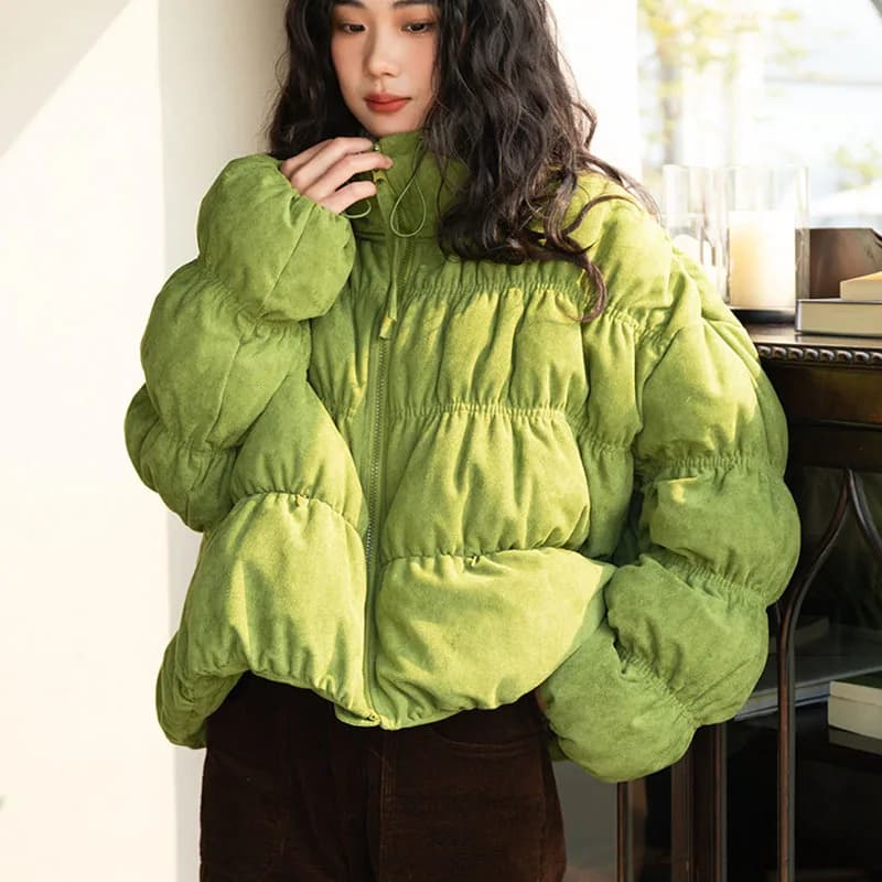 Korean Ruched Cropped Puffer Jacket for Women Winter Sweet Bubble Sleeve Padded Parkas Female Green Stand Collar Warm Outerwear