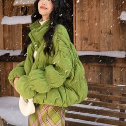 Korean Ruched Cropped Puffer Jacket for Women Winter Sweet Bubble Sleeve Padded Parkas Female Green Stand Collar Warm Outerwear