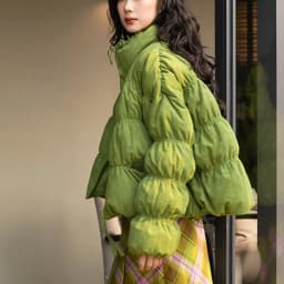 Korean Ruched Cropped Puffer Jacket for Women Winter Sweet Bubble Sleeve Padded Parkas Female Green Stand Collar Warm Outerwear