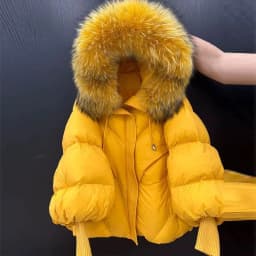 2026 New Autumn Winter Keep Warm Women Parkas Threaded Sleeve Hooded Down Jacket Solid Color Raccoon Fur Collar White Down Coat