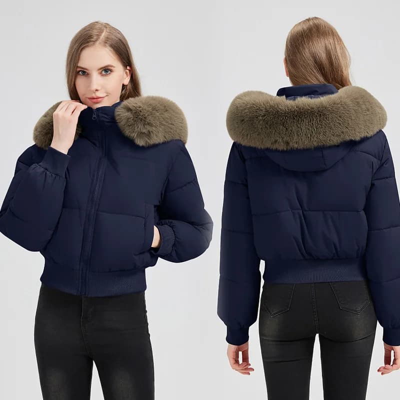 2026 Thicken Short Women's Winter Jacket Korean Style Down Cotton Coat Casual Warm Fur Hooded Cropped Parkas Chic Streetwear
