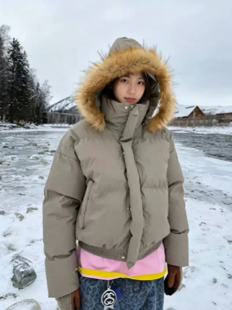 Winter Warm Cotton Padded Jacket 2026 Korean Style Women Faux Fur Turtleneck Coat Y2K Vintage Casual Parka Long Outerwear Tops