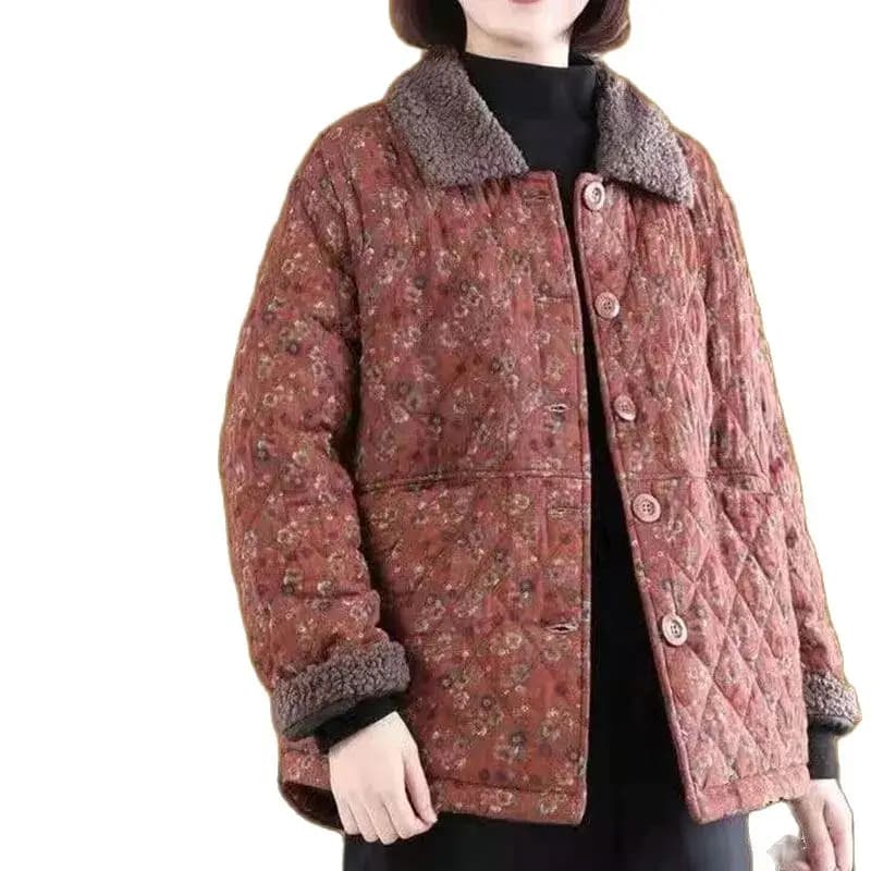 Women's Autumn Winter Cotton-padded Coat NEW Female Single row buckle Floral Jacket Retro Short Leisure Woolen collar Overcoat