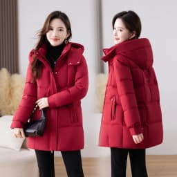 Winter Thickened down Cotton Jacket Women's Mid-Length Loose Fit Coat Detachable Cap Korean Style Polyester Fabric Long Sleeve