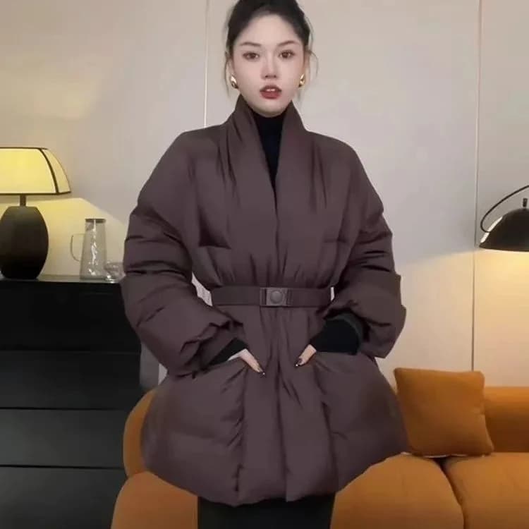Women Winter V Neck Down Cotton Jacket 2025 New Women Warm Thicken Cotton Coat Korean Belt Waist Winter Outwear Women Parka Coat