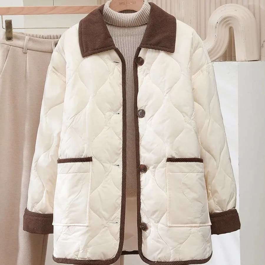 2026 Female Padded Jacket New Korean Loose Flip Collar Corduroy Diamond Grid Jacket Women Winter Short Lightweight Cotton Coat