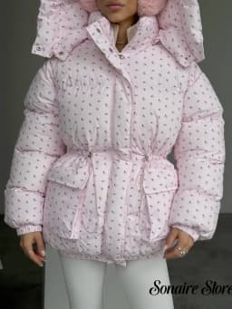 Women Floral Print Hooded Puffer Jacket Drawstring Waist Zipper Long Sleeve Loose Warm Quilted Coat Fall Winter Street Outwear