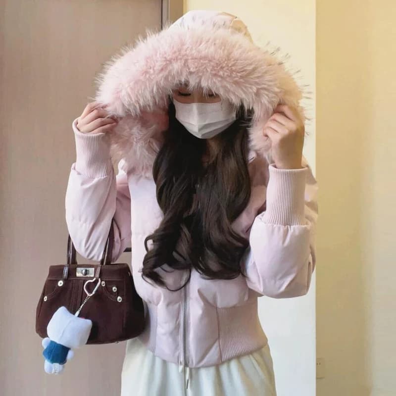 Women Korean Vintage Fur Collar Hooded Cropped Puffer Jacket Autumn Winter Y2K Fashion Warm Short Coat High Waist Slim Outwear
